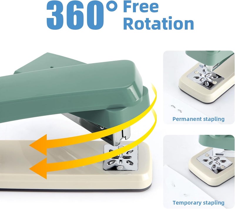 EZWORK Deli/ Swing-Arm Swivel Stapler, 25 Sheets Capacity, 360 Degree Rotate Desk Staplers with 1000 Staples for Booklet or Book Binding, Green+White - Image 3